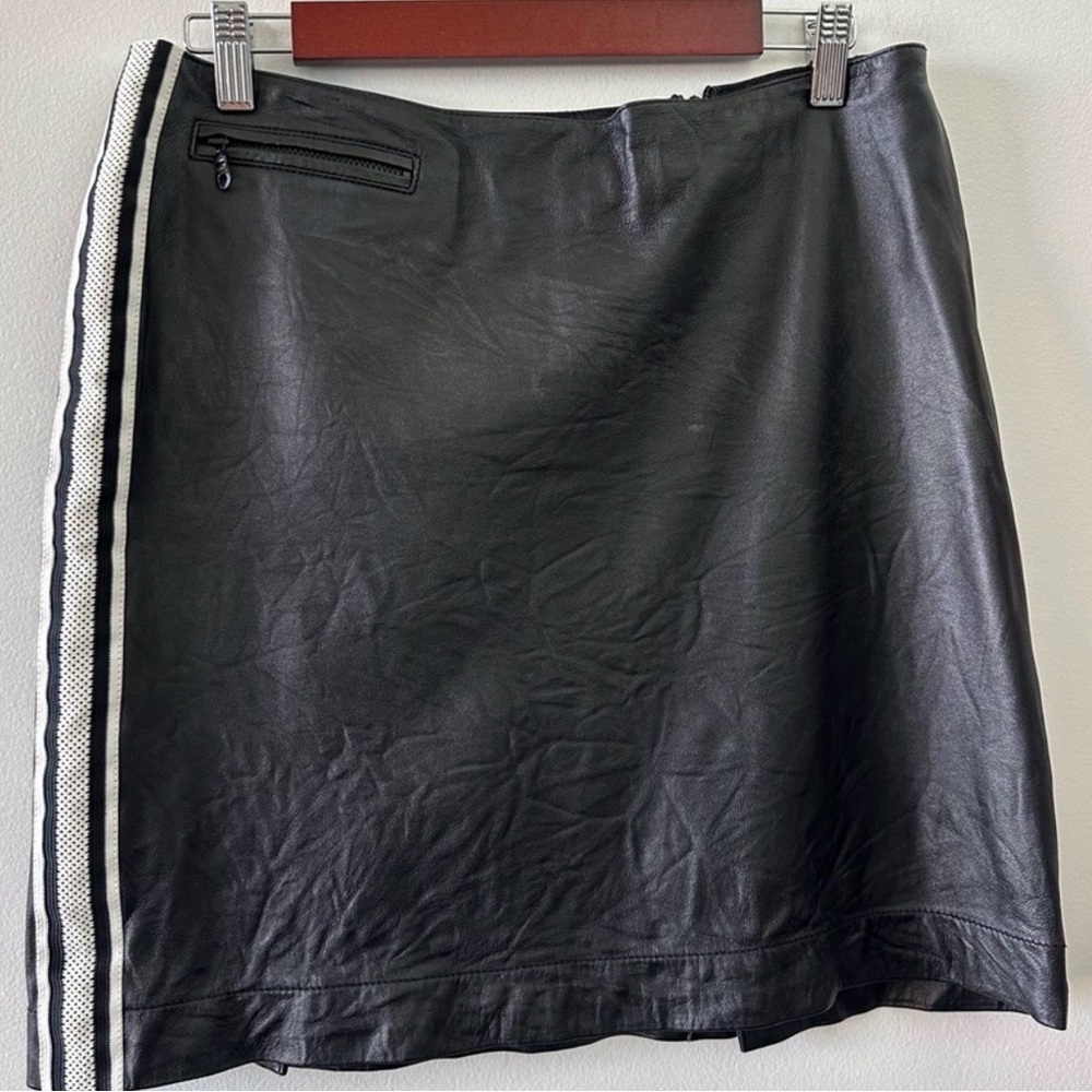 Worth Black Faux Leather Mini Skirt with White Stripe